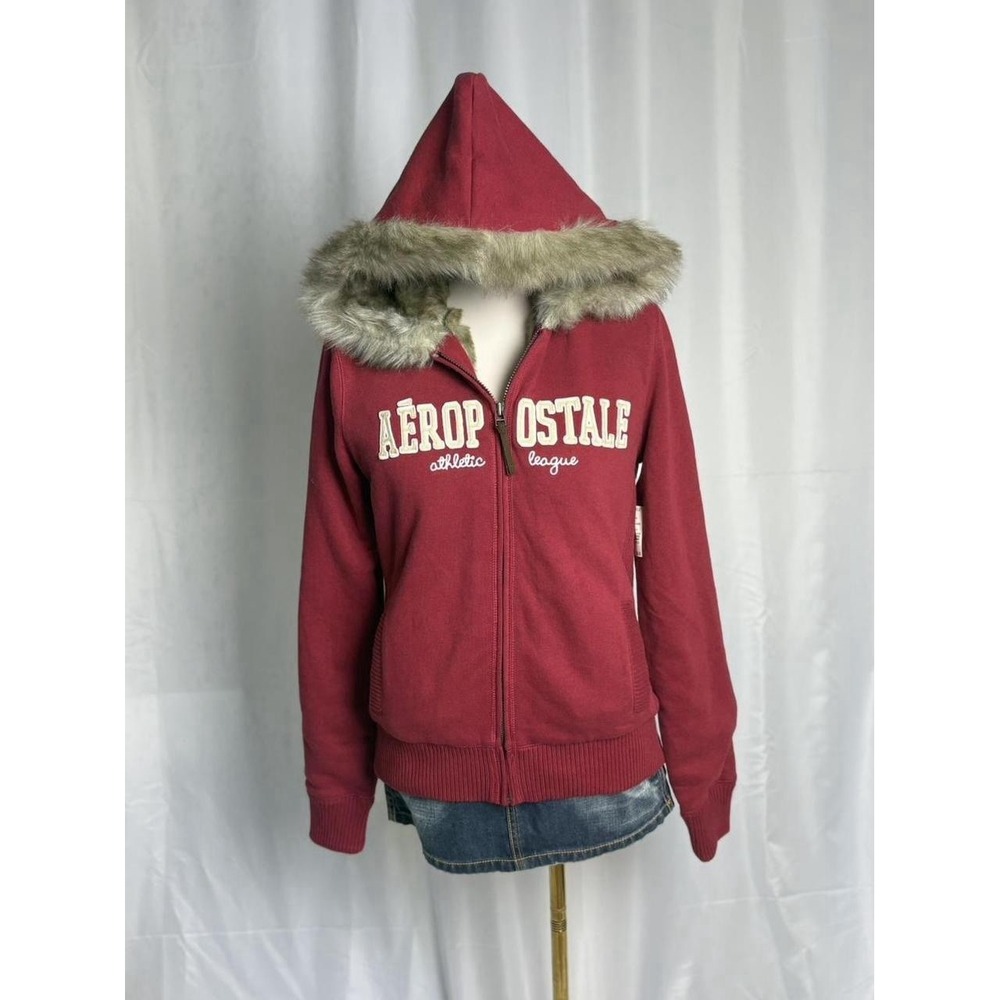 Aeropostale Y2K Faux Fur Lined Zip Up Hoodie XL Red Rare